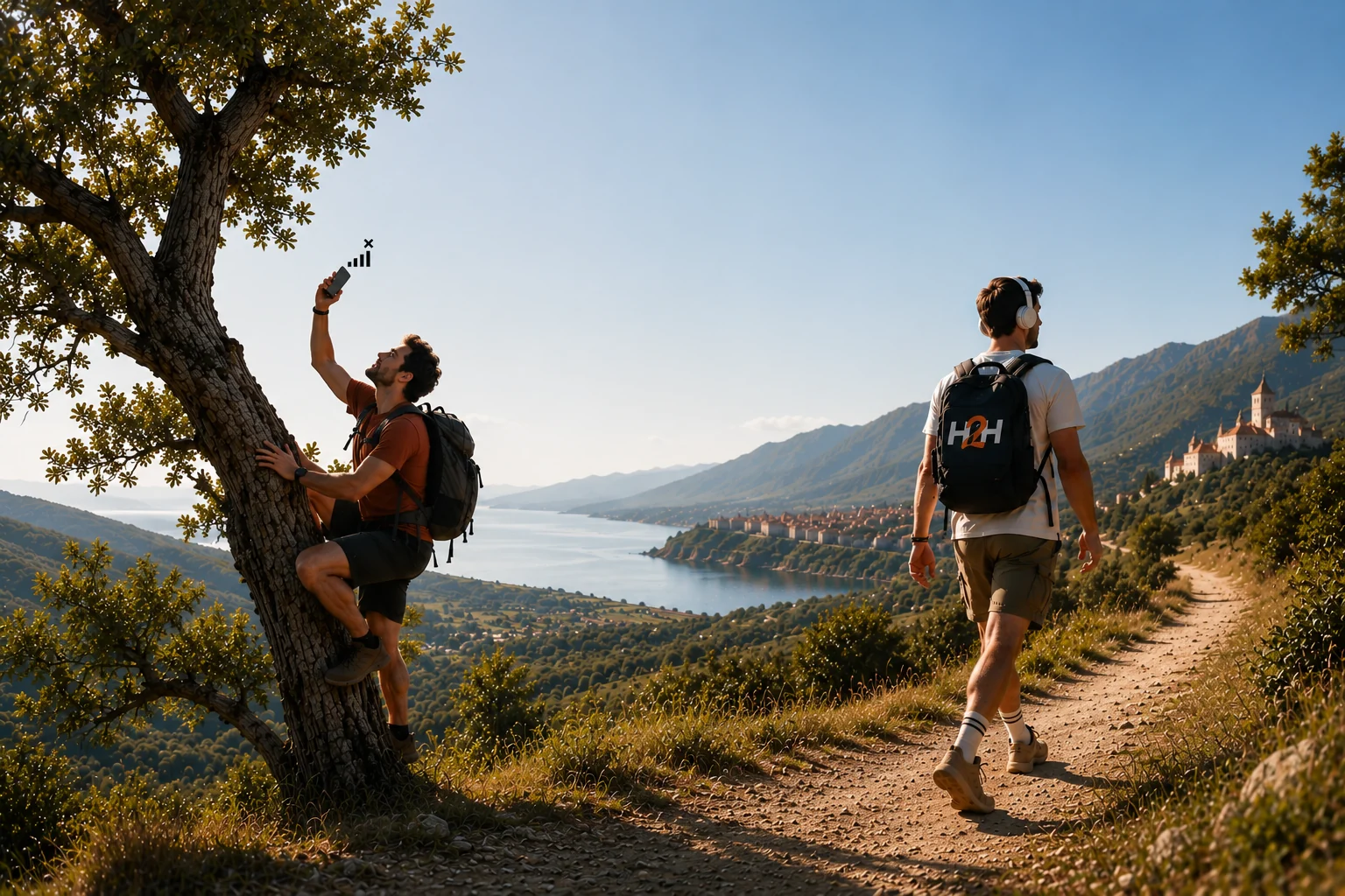 Un viaggiatore si arrampica su un albero per cercare segnale mentre un altro cammina tranquillo lungo un sentiero panoramico con la valigia H2H